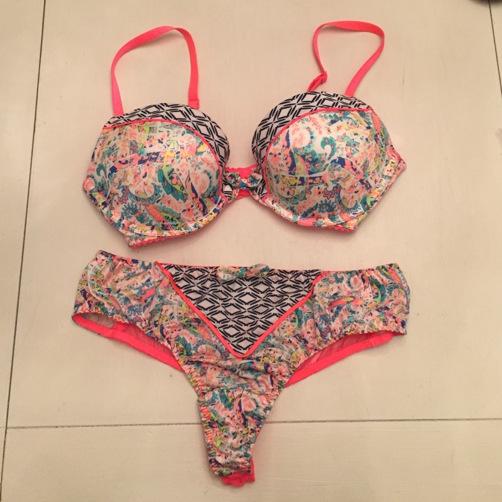 Victoria's Secret Neon Pink Trim Multicolor Floral & Geo Bra and Panty Set